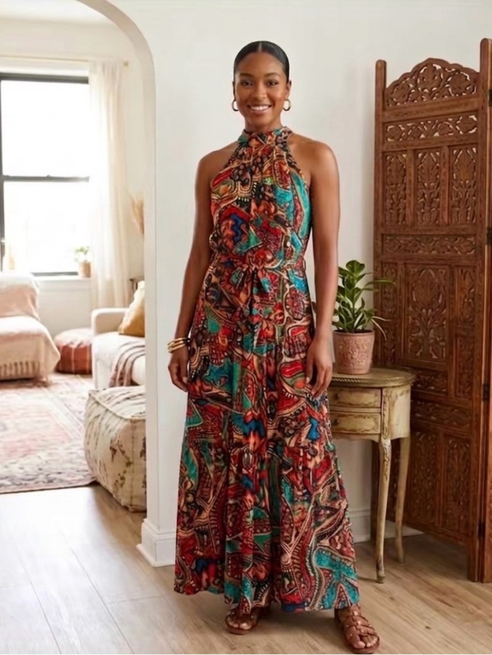 Bohemian Sleeveless Halter Maxi Dress in Teal & Red Multi-Print